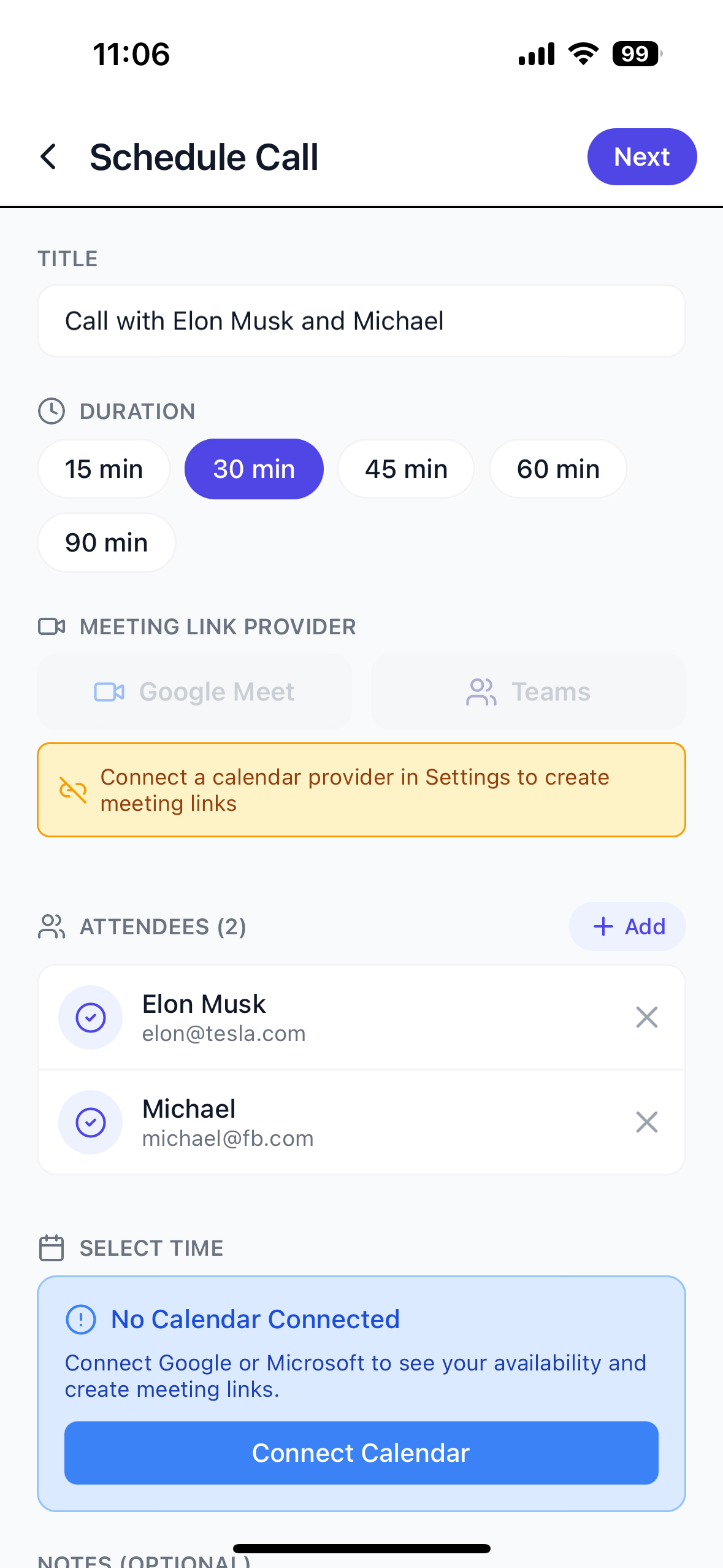 Schedule Call screen - Meeting setup interface