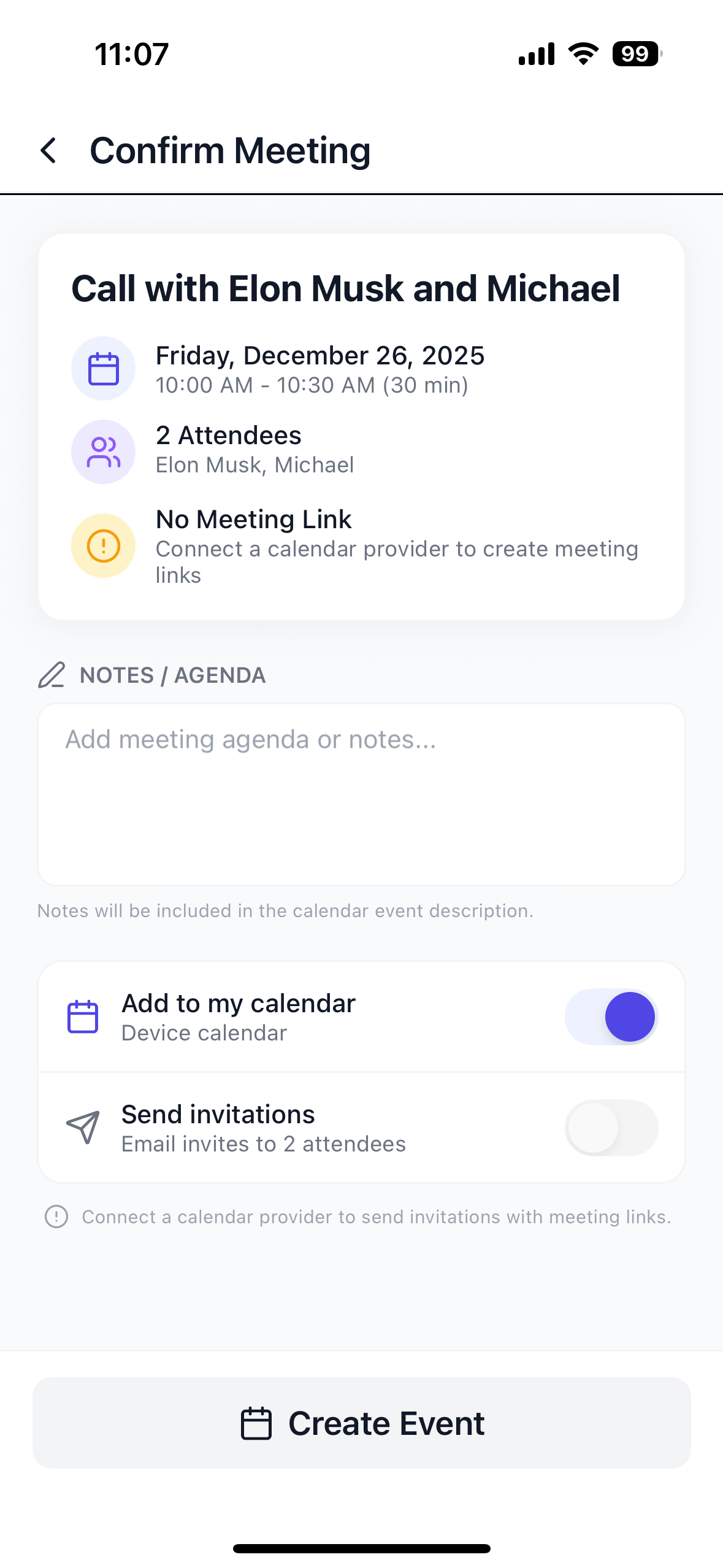 Confirm Meeting screen - Event creation